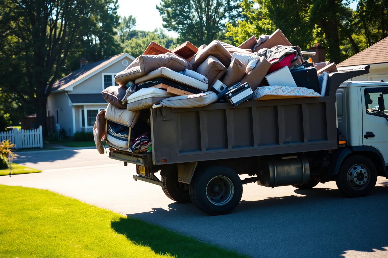 Junk removal truck loaded with furniture and household waste